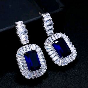 Emerald Cut Lab Sapphire Drop 925 Sterling Silver Earrings - Free Shipping